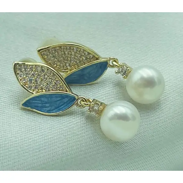 Gold Leaf & Blue Enamel Earrings with White Pearl Drop