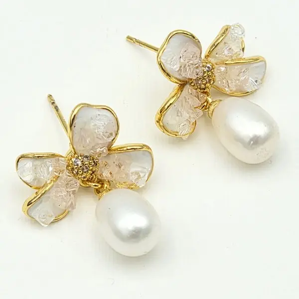 Gold Flower Earrings with Pearls