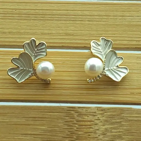 Gold color Leaf Earrings with Pearls