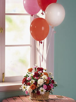 Balloons With Assorted Flowers In Basket