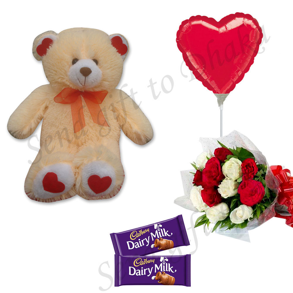 Pen holder W/ teddy bear, chocolate and Flower Bouquet