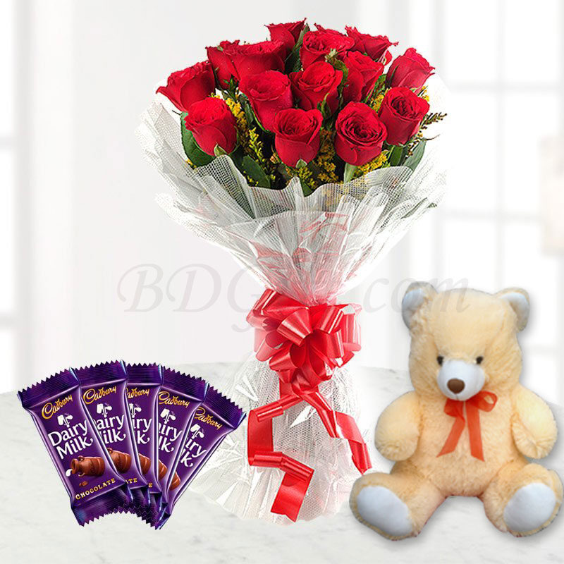 Teddy bear W/ Chocolate & Flower