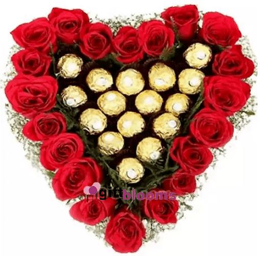 (008) Heart Shaped Roses W/ Ferrero Rocher Chocolate