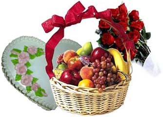 Fruit Basket With Cake And Roses