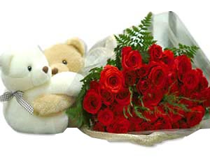Twin Bear With 1 Dozen Red Roses