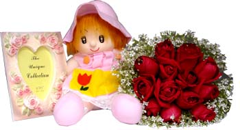 Red Roses With Doll And Picture Frame