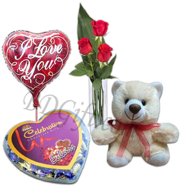 3 Pcs Red Roses in vase w/ Bear, Chocolate & Balloon