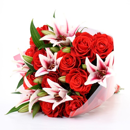 Red Roses And Lilies In Bouquet