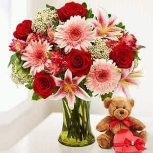 Mixed Flower In Vase With Bear And Chocolate