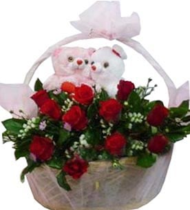Red Roses In Basket With Pair Bear
