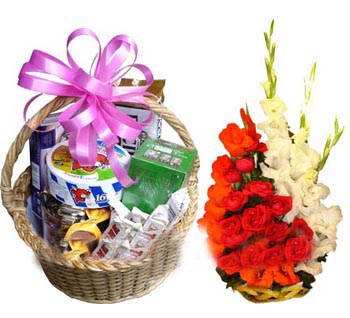 Gourmet Basket With Mix Flower Basket