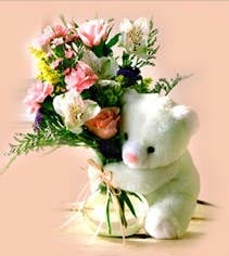 Roses And Carnations In A Vase With Bear