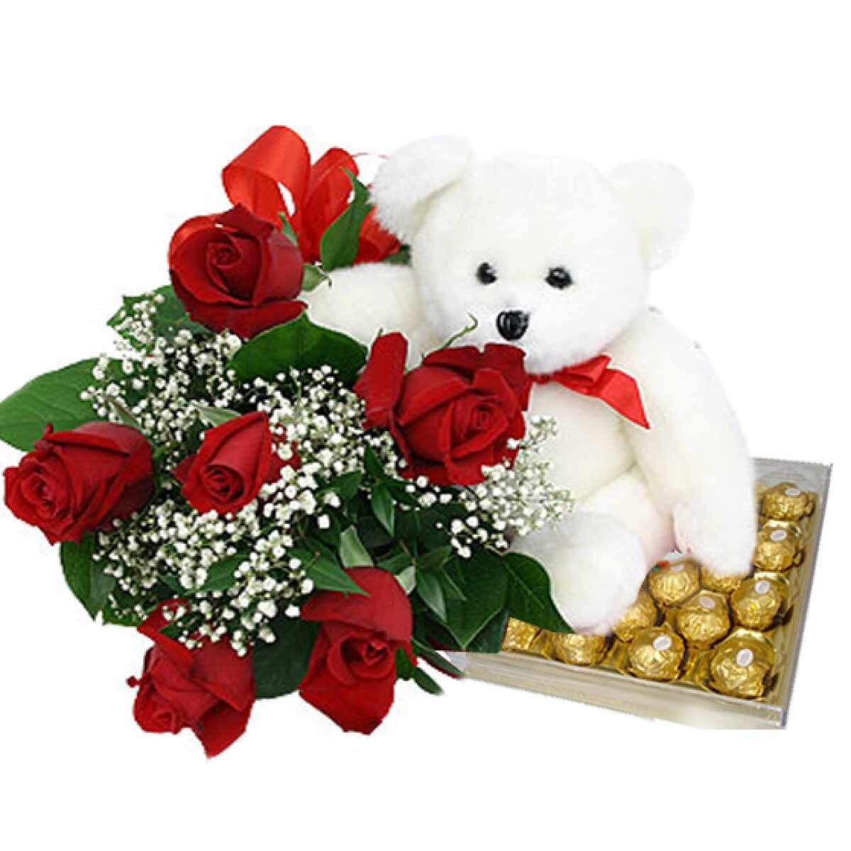 Red Roses With 24 Pieces Ferrero Rocher Chocolate And Bear