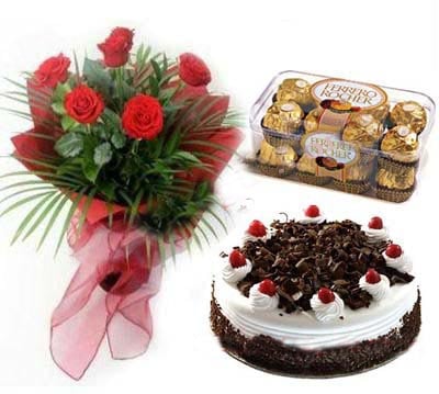 Skylark- 2.2 Pounds Black Forest Cake With 6 Pcs Red Roses And Ferrero Rocher Chocolate