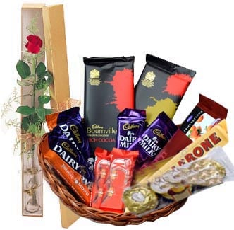 Assorted Choco Lover Basket With 1 Piece Red Rose In A Box