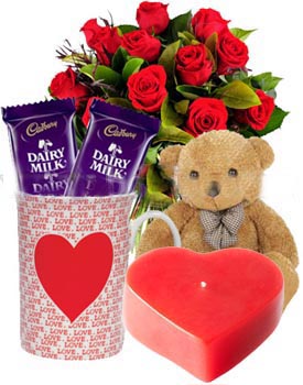 Roses WithTeddy Bear, Love Candle,Love Mug And Chocolate