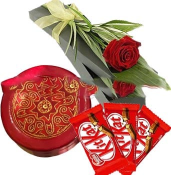 Red Ornament Box With Red Roses In A Box And Kitkat Chocolate