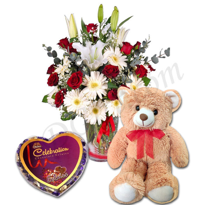 Mixed Flower in vase W/ Bear & Chocolate