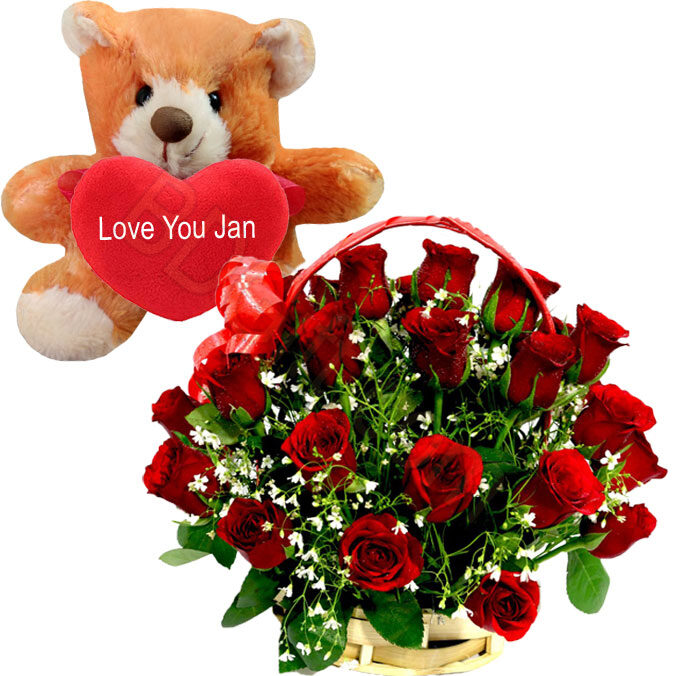 18 pcs Rose in Basket W/ Teddy Bear