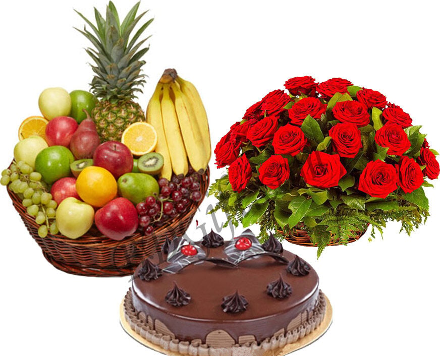(56) Chocolate Cake W/ Fruits Basket & 2 Dozen Red Roses