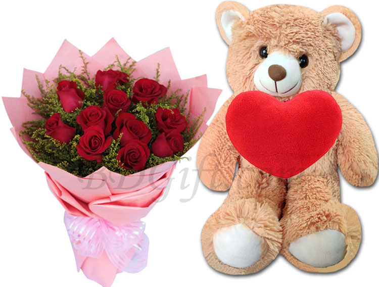 (26) Teddy Bear W/ 1 Dz Red Roses & Red Heart