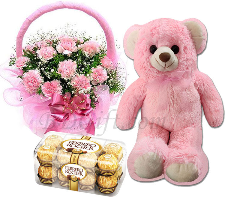 Teddy Bear W/ Carnation Basket & Ferrero Rocher Chocolate