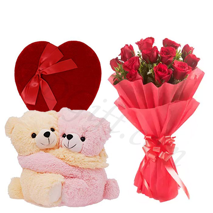 (03) 1 Dozen Red Roses W/ Twin Bear & Chocolate