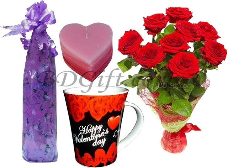 Red rose W/ Love mug and a Love candle with message in a bottle