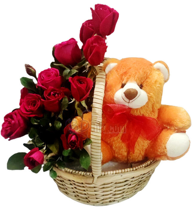 12pcs red roses W/ 6 inch teddy bear