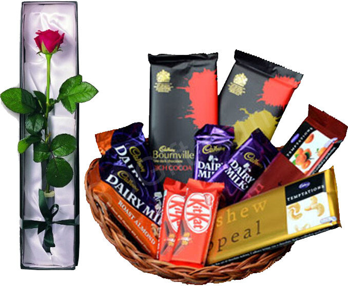 (23) Assorted Choco Lover Basket W/ 1 Piece Red Rose in a box