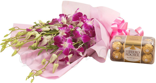 Ferrero Rocher Chocolate W/ Purple Orchids in a bouquet