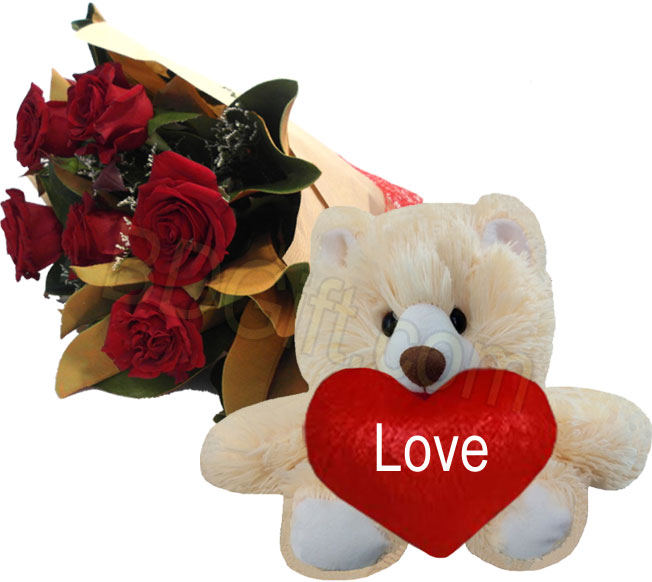 6 Pcs Red Roses w/ Bear
