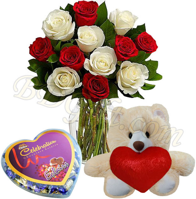 Roses in a Vase W/ love shape Chocolate & small Bear