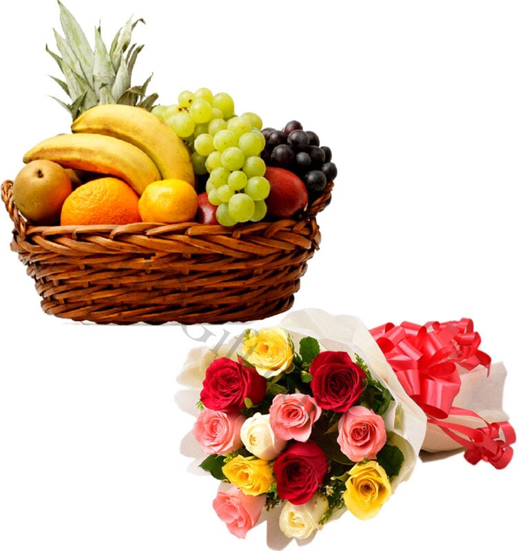 Fruit basket W/ Mixed roses