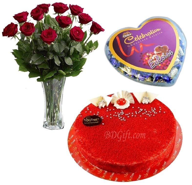 Red Roses W/ Cake & Chocolate