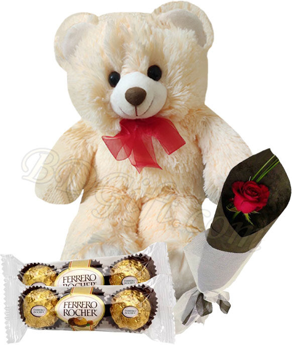 Ferrero Rocher Chocolate W/ Teddy Bear & 1 piece Red Rose