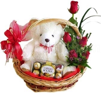 Small size Bear W/Ferrero Rocher Chocolate &amp; Red roses in a basket.