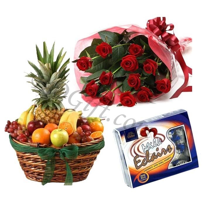 Fruit Basket W/ 1 dz Red Roses & Chocolate