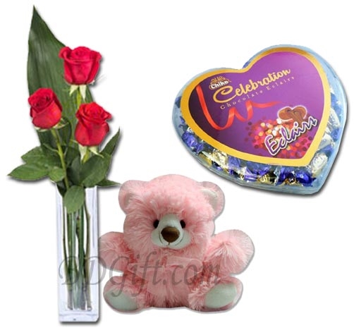 3 Pcs Red Roses in vase w/ Bear & Chocolate box