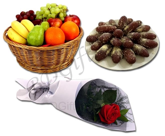 Fruit Basket W/ Kalojam & Red Rose