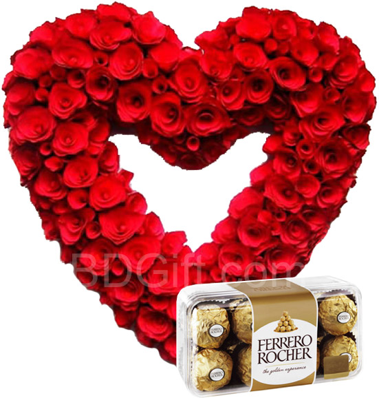 (005) Heart Shaped Red Roses W/Ferrero Rocher Chocolates