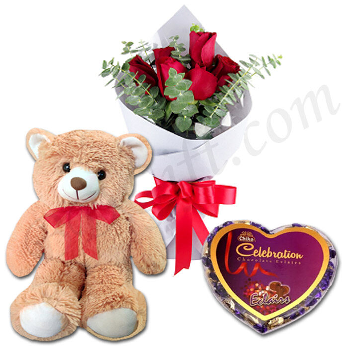 (66) Six pcs Red roses W/ chocolate and Bear