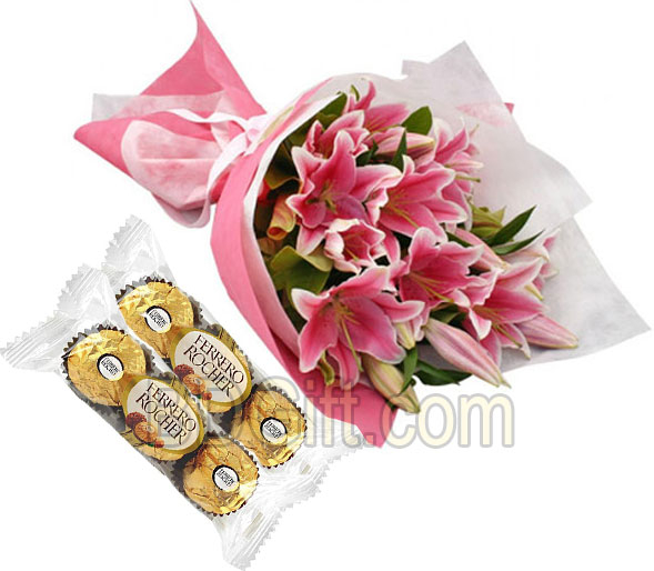 Pink Lilies in a Bouquet W/Ferrero Rocher Chocolate