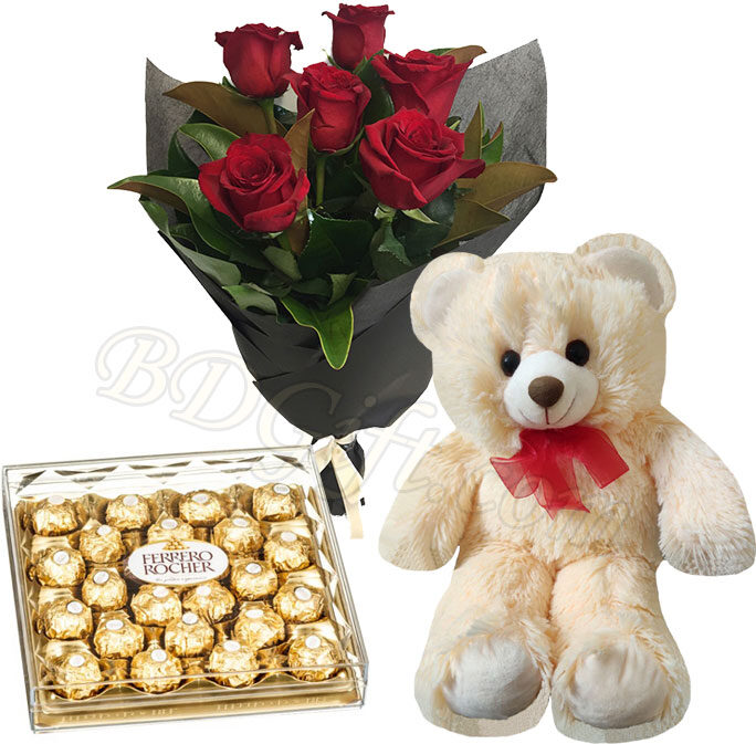 Red roses W/ 24 pieces Ferrero Rocher Chocolate and Bear