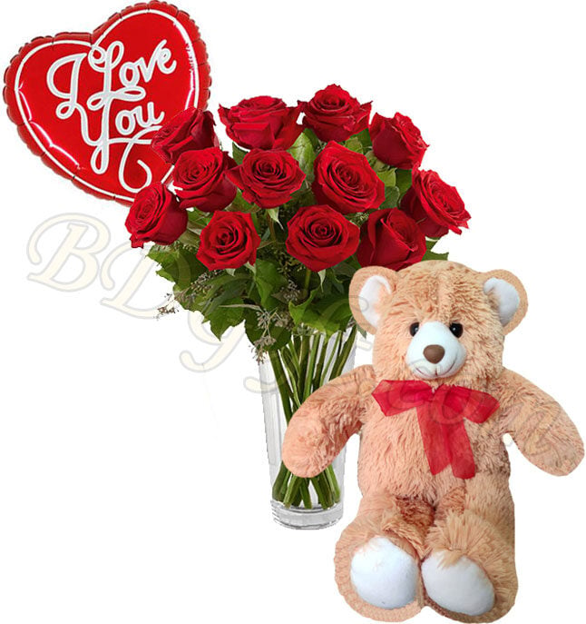 Roses in vase W/ Bear & Love Balloon