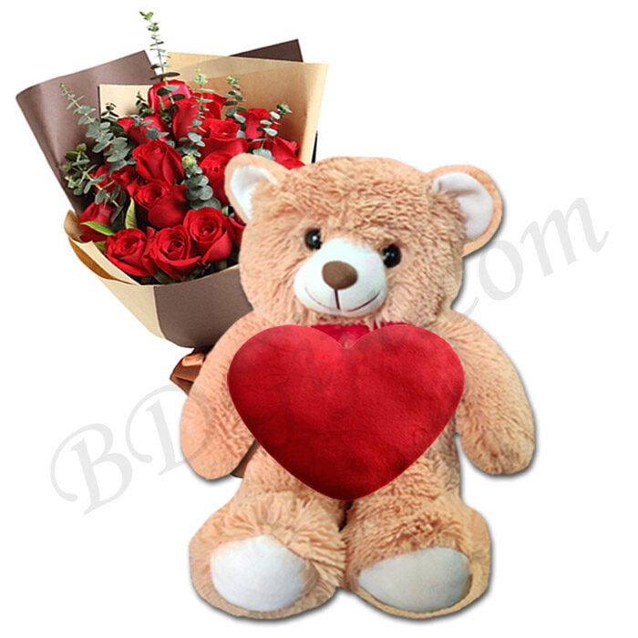 Teddy Bear w/ red heart & 1 dz red roses