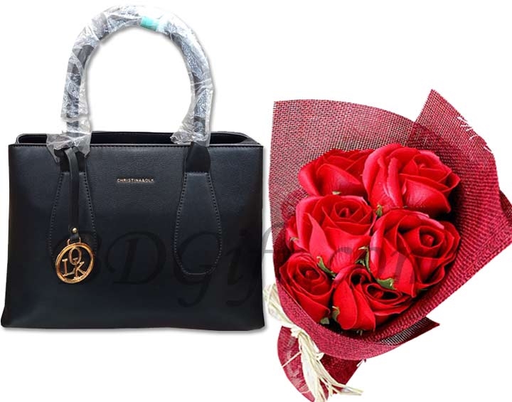 (000002) Balck Elegent Handbag W/ Roses Bouquet