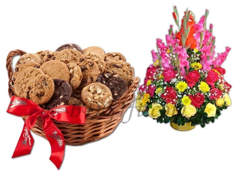 Cookies Basket W/ mixed Flower Basket
