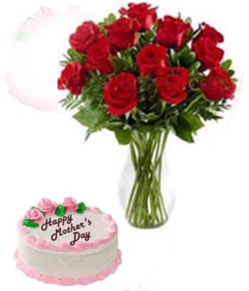 Cotton Sharee - Swiss - 2.2 Pounds Cake and 1 dz red roses in a vase