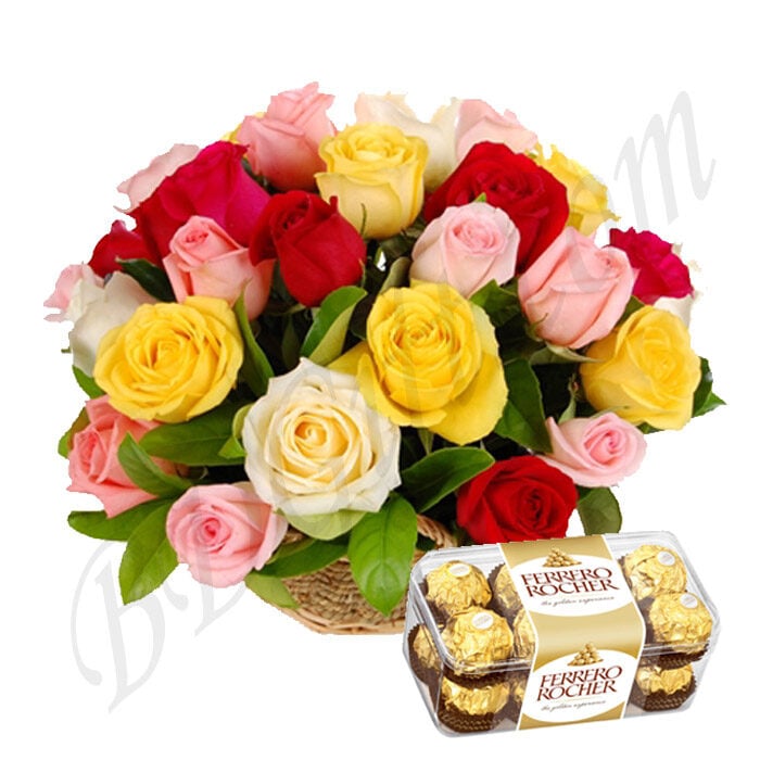 (19) Multicolor Rose Basket W/ Ferrero Rocher Chocolate